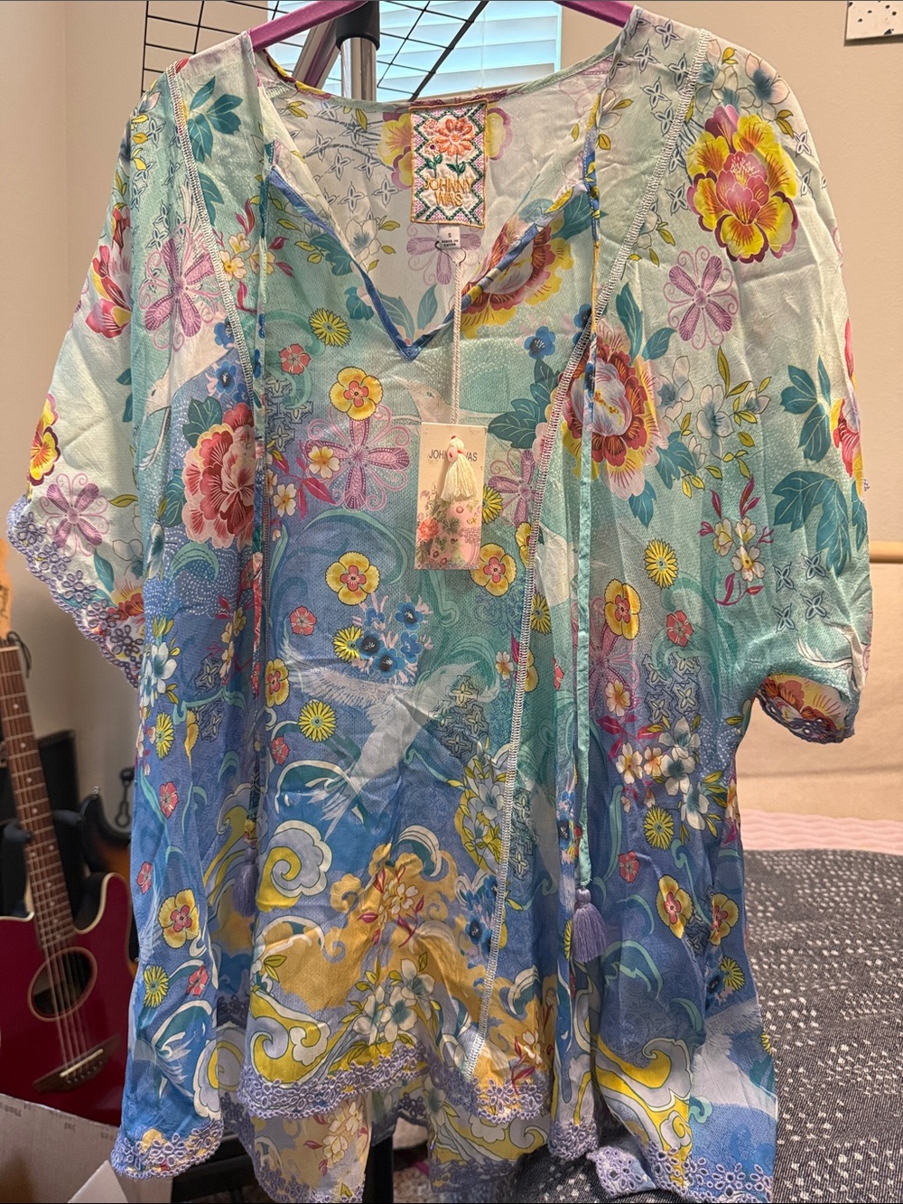 ✨ Johnny Was ✨ Multi Floral Sheer V-Neck Tunic with Eyelet & Tassel Tie details